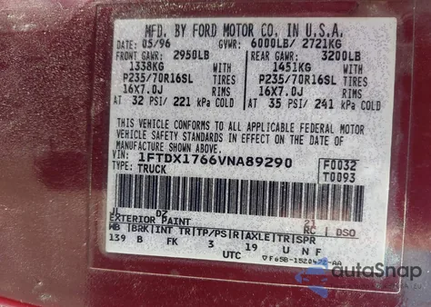 1997 Ford F-150 Lariat/Standard/Xl/Xlt z USA, uszkodzony, nr VIN 1FTDX1766VNA89290